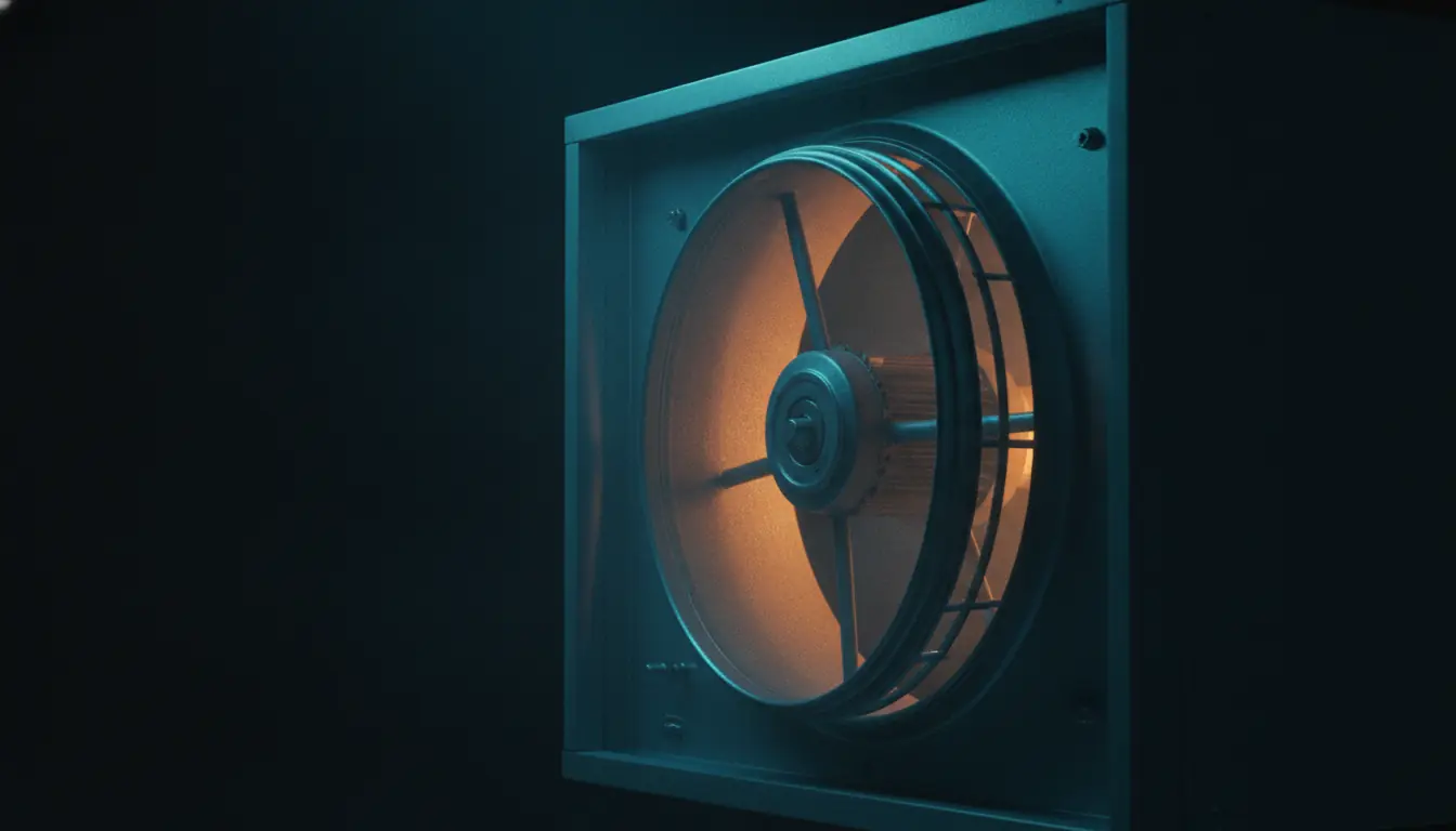 The blower wheel and motor inside an opened air handler cabinet