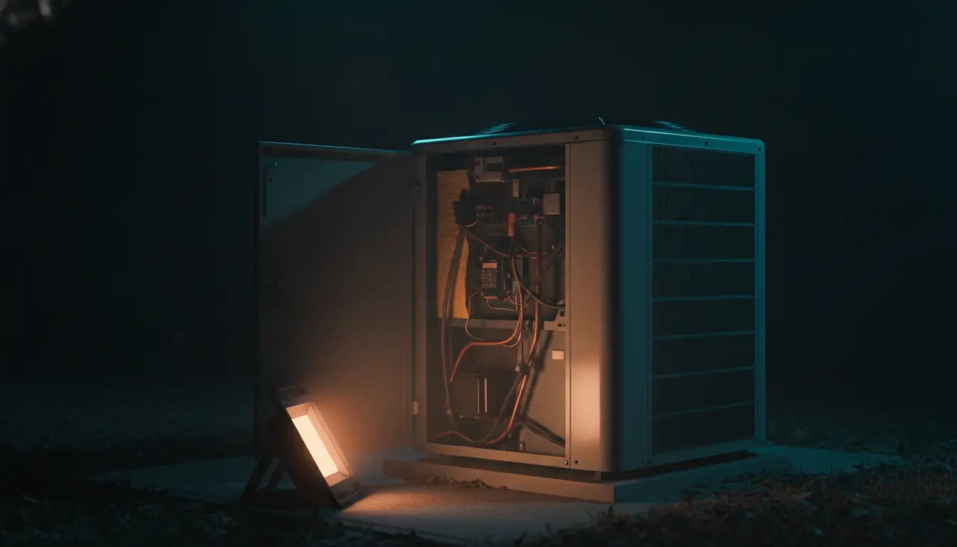 An air conditioning unit being serviced at night under a work light