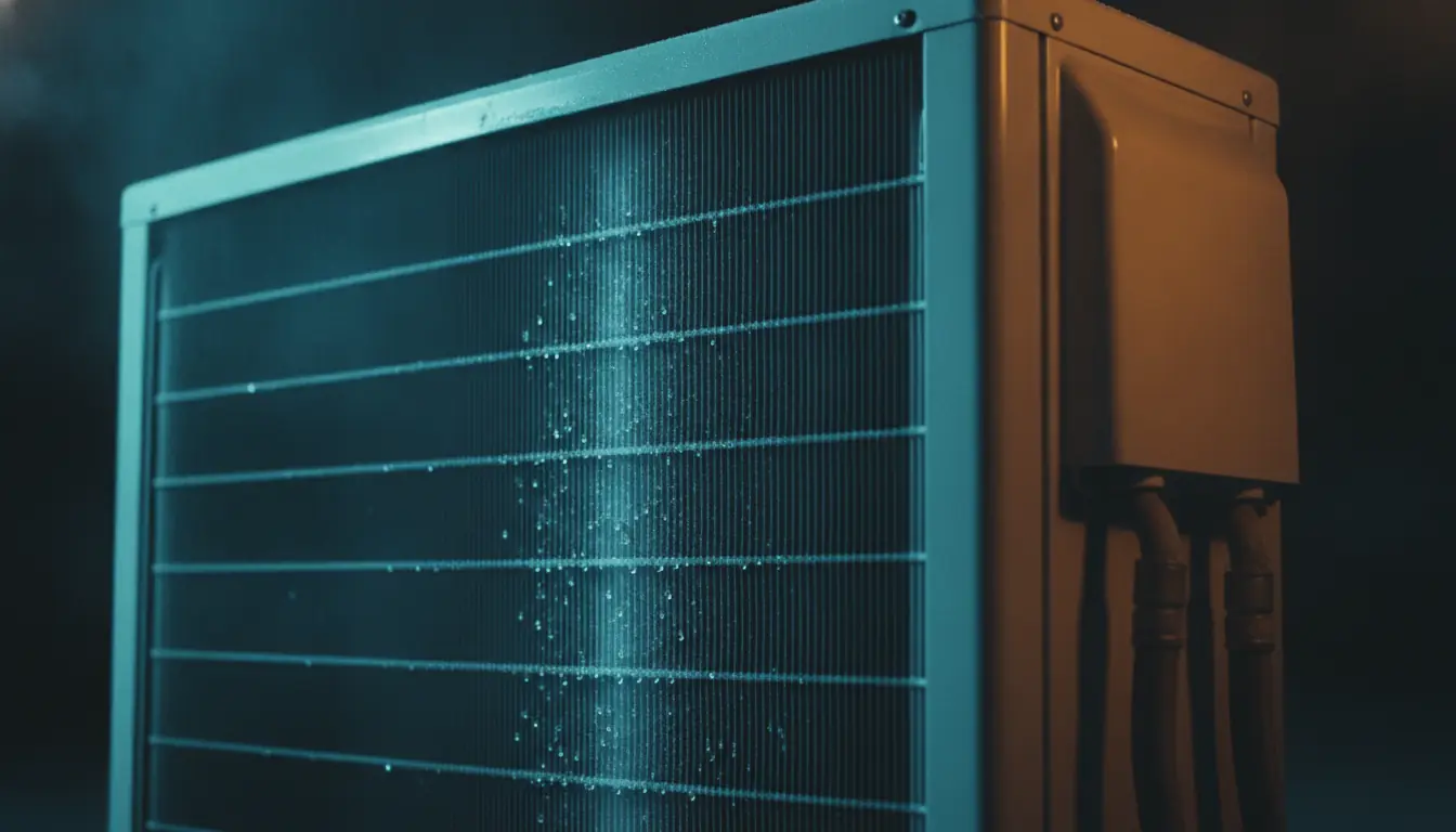 Light frost on the coil fins of an outdoor heat pump unit