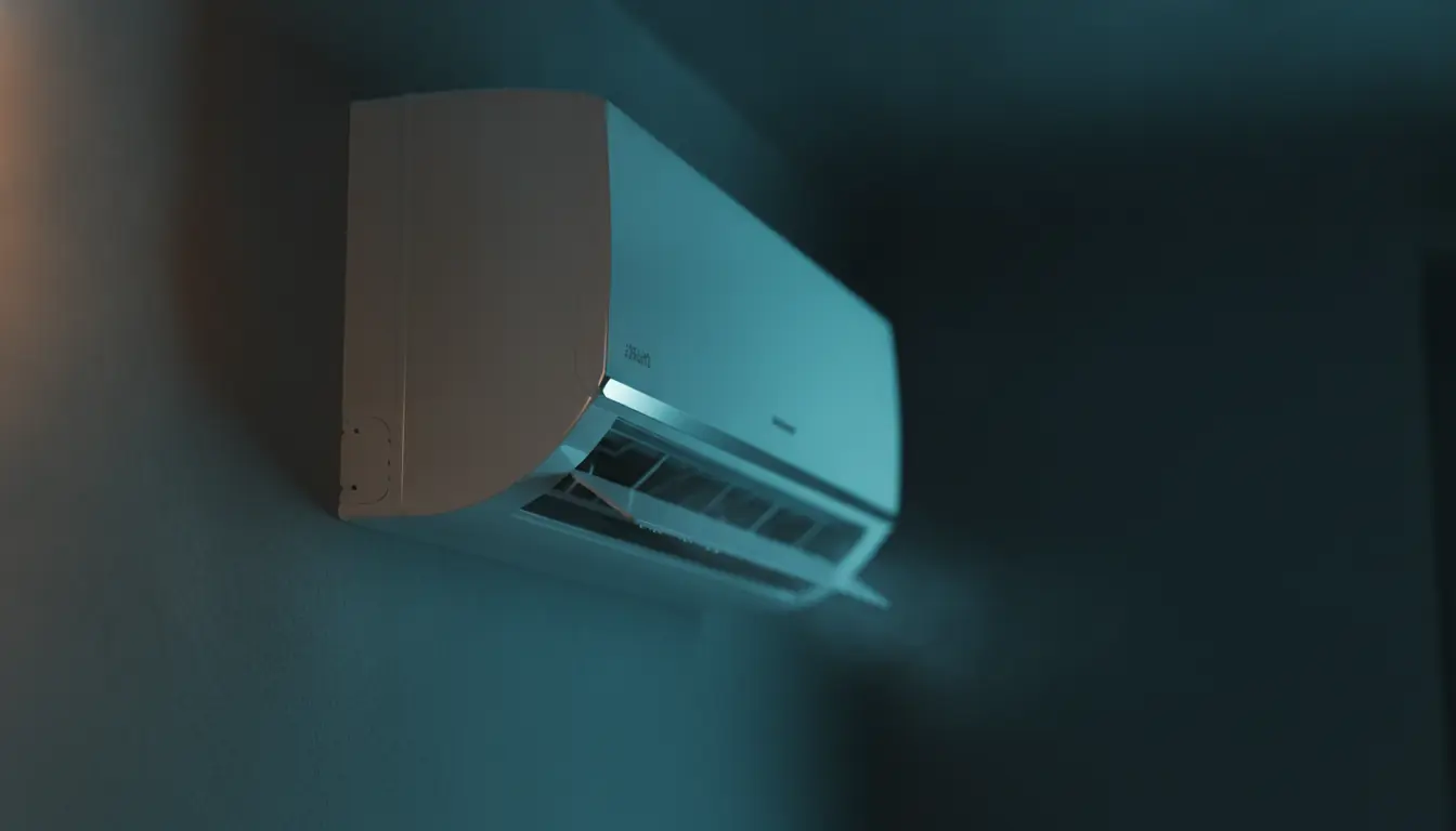 A wall-mounted ductless mini-split indoor unit with its vanes open