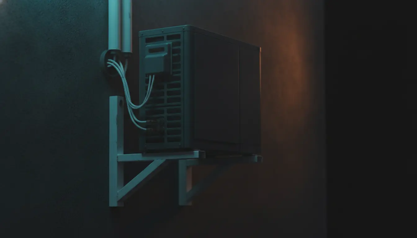 A compact ductless outdoor condenser mounted on wall brackets