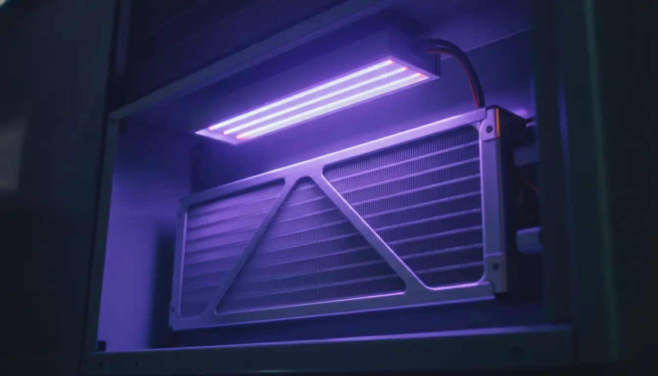 A UV-C lamp mounted beside an evaporator coil